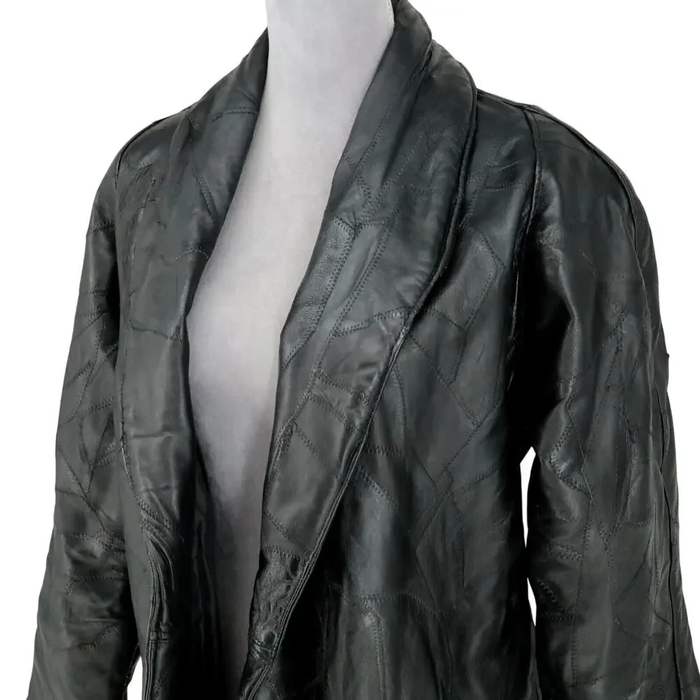 Navarre Leather Coat Jacket Womens Medium Black Lined Patchwork Look Outdoor